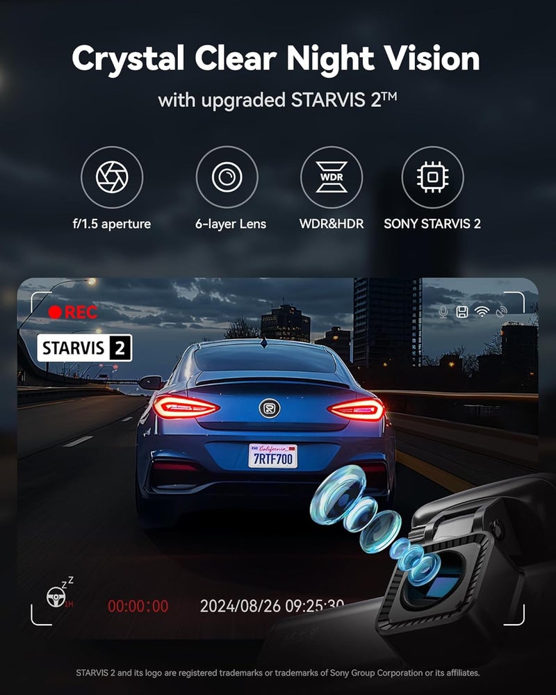 REDTIGER 4K Dash Cam Front and Rear, STARVIS 2 Sensor, 64GB Card Included, 4K/2.5K+1080P Dual Dash Camera for Cars Built-in WiFi GPS, 3.18 Inch IPS Screen, 170° Wide Angle, Parking Monitor (F7N Pro) - Image 3